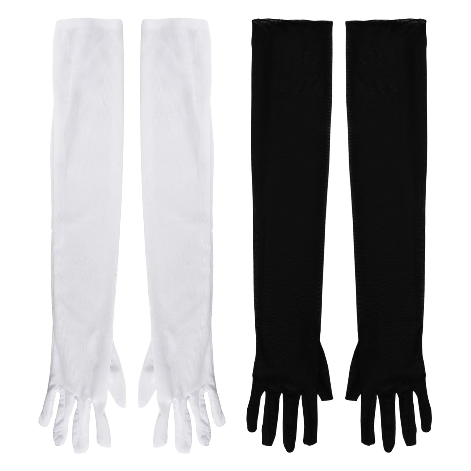 Fooyee Women's White And Black Formal Black & White Long Sheer Tulle Gloves - Elbow Length Stretchy Mesh Opera Gloves For 1920S Flapper, Prom, Wedding, Bridal, Dance & Halloween Costume Party