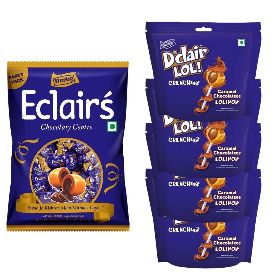 Derby Combo Of Dclair Lollipop Cruncheez Standy Pouch (Pack Of 4 Each 20Pcs) & Caramel Eclair Poly 100 Pcs - 950 Gram (B0BPYRTMTN) Amazon Price History, Amazon Price Tracker