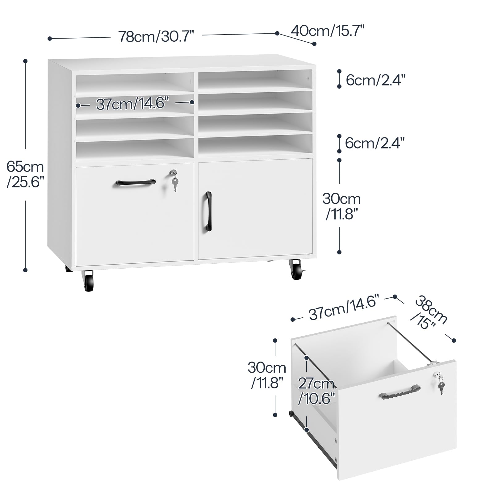 HOOBRO Caisson de Bureau avec Roulettes, Meuble de Bureau, Tiroir Verrouillable et Placard de Rangement, Armoire à Dossiers, 8 Compartiments (6 Étagères Réglables), pour Salon, Blanc EWB55WJ01