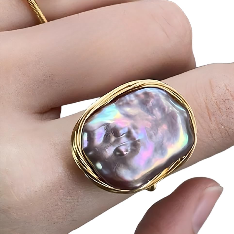 Handcrafted Natural Baroque Pearl Ring Winding Design Opening Adjustable 14k Gold Plated Material,Purple