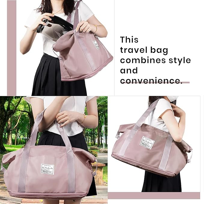 Image of Nylon 41 Cms Imported Foldable Travel Duffle Bag for Women, Expandable Lightweight Waterproof Carry Weekender Overnight Luggage Bag (Peach)