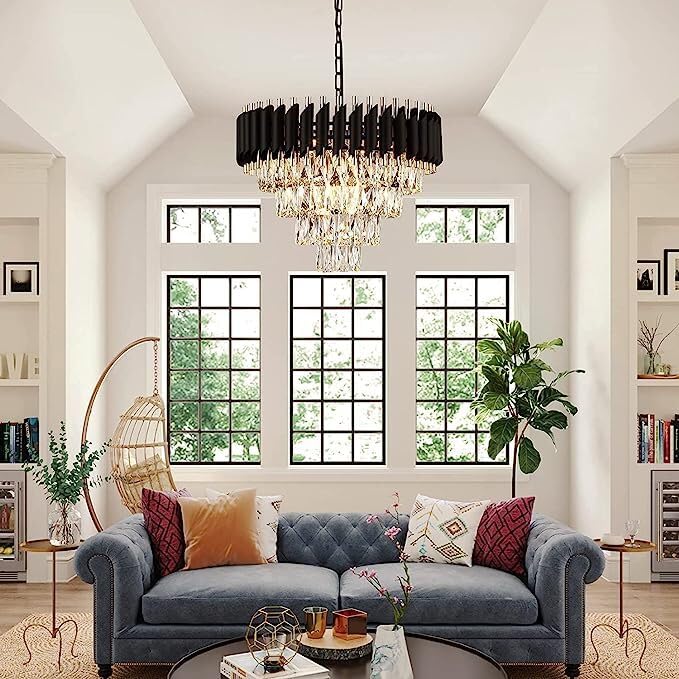 Image of Modern Crystal Chandelier 500mm Black and Gold Round Pendant Ceiling Light Fixture Flush Mount for Dining Room Living Room Bedroom Foyer Hallway Entryway