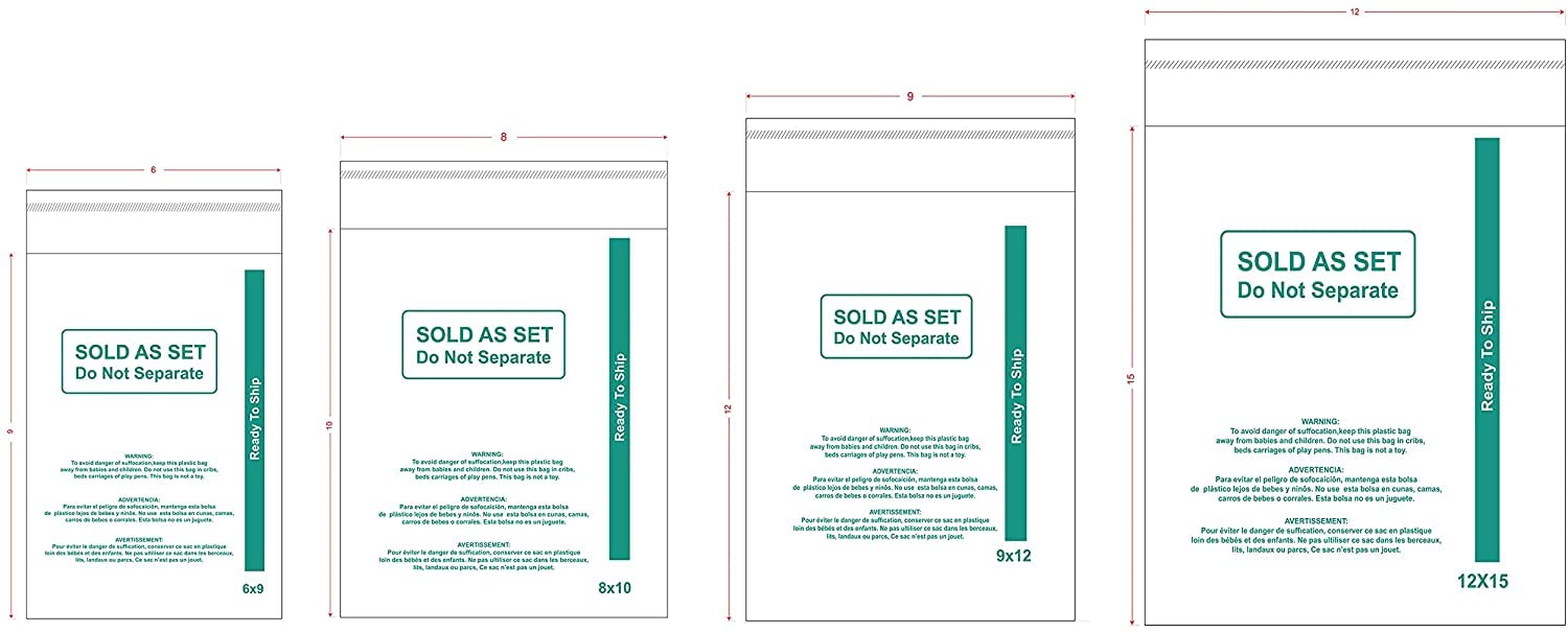 800 (Count) Combo Pack 4 size x 200 (6X9 8X10 9X12 12X15) Clear Poly bags with Suffocation Warning. Self Seal Resealable.