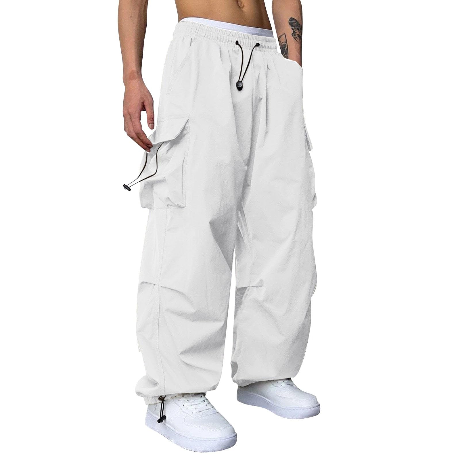 Bukknye Men's White Baggy Cargo Pants Trendy Casual Parachute Pant Loose Fit Harem Joggers With Pockets For Streetwear(,S)
