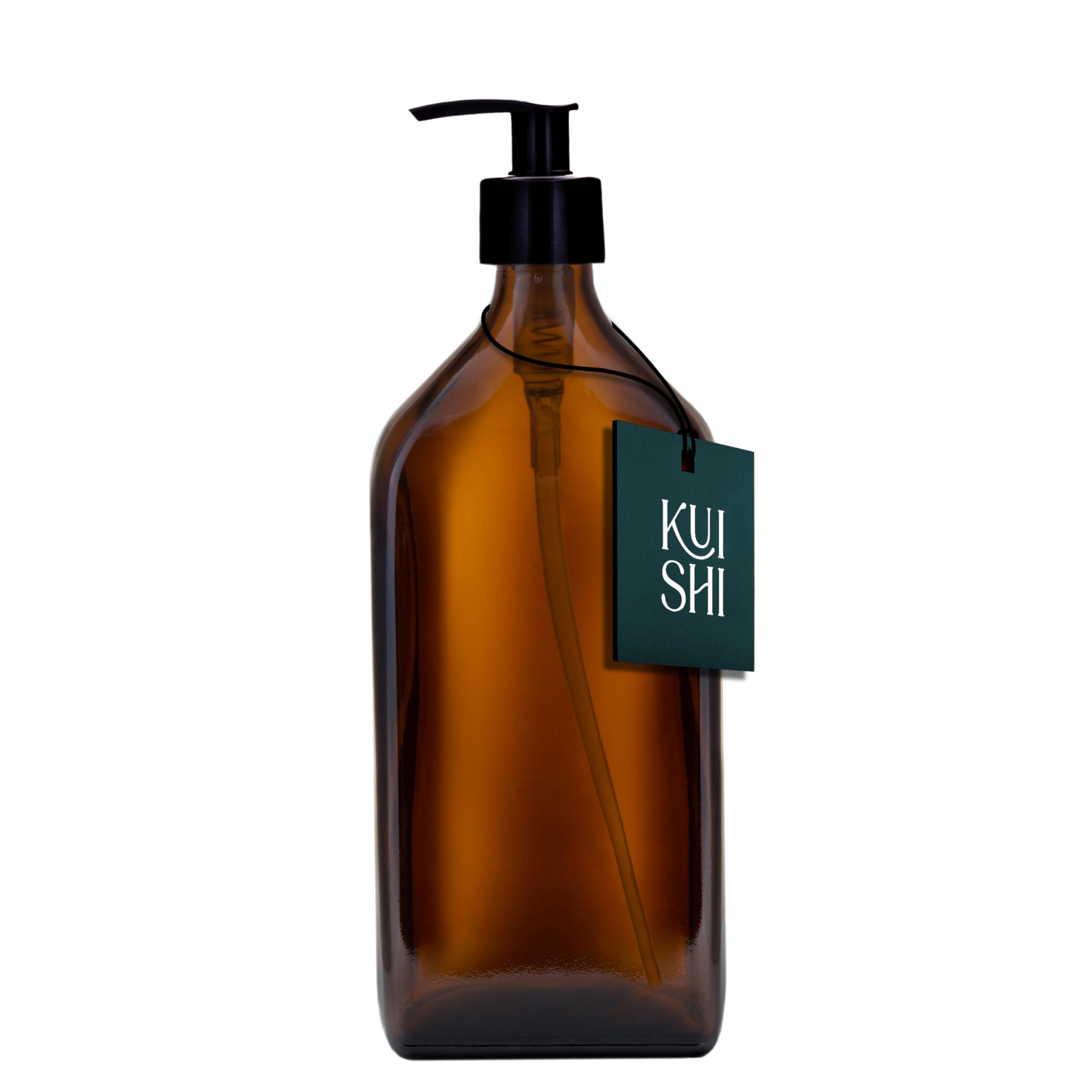 Kuishi Black Plastic Pump Rectangle Glass Soap Dispenser With – 500Ml Refillable Bpa-Free Hand Soap Dispenser For Kitchen & Bathroom, Amber