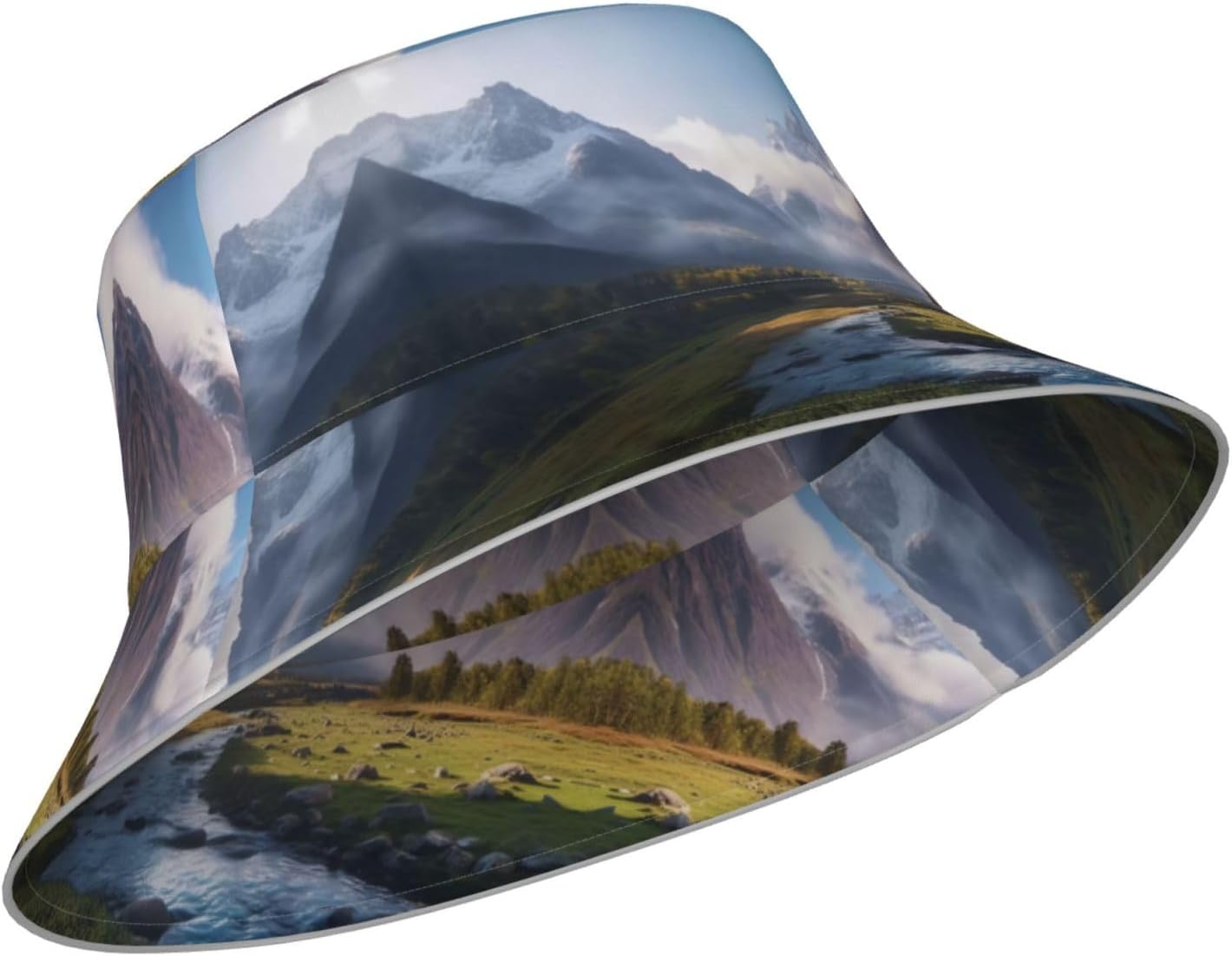 (Travel Mountain Scenery) Reflective Reversible Bucket Hat Foldable Breathable Stylish Two-Way Wear for Outdoor Travel Daily Activities Black