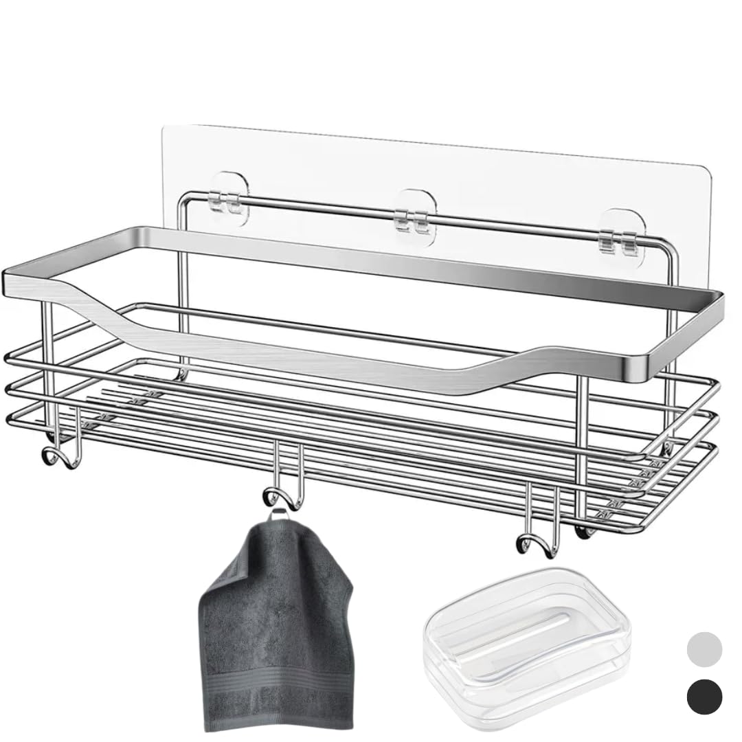 KRAMAZ Estanteria ducha sin taladro - Estantería baño SUS304 Acero Inoxidable Estante ducha sin taladro - Organizador baño INCLUYE jabonera con tapa y toalla gris pequeña. (1 Pieza, Plateado)