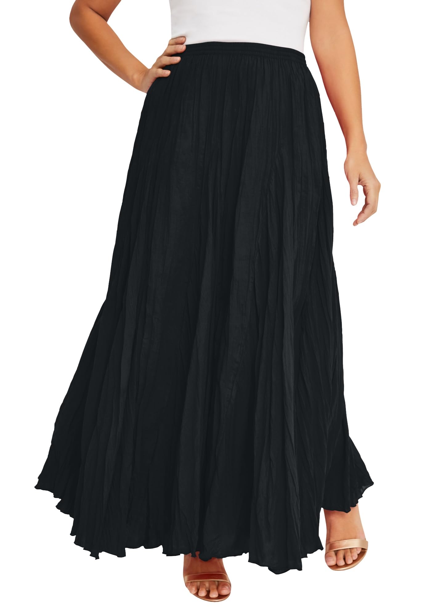 Jessica London Womens Plus Size Elastic Waist Cotton Flowing Maxi Crinkled Skirt