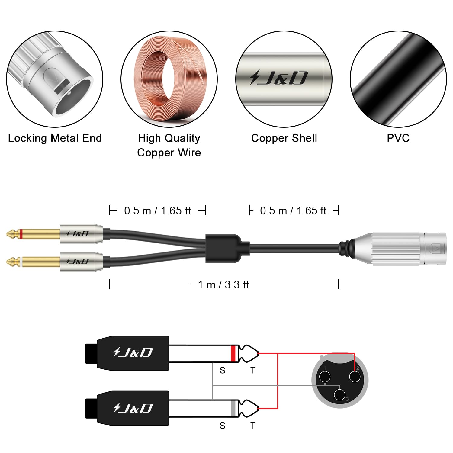 J&D Câble Audio 3.5mm Vers 6.35mm Stéréo Jack, Plaqué Or Série Audiowave 3.5mm (1/8 Pouce) Mâle TRS à 6.35mm (1/4 Pouce) Mâle TRS Câble Audio Stéréo Avec Coquille En PVC, Amplificateurs, 1.8