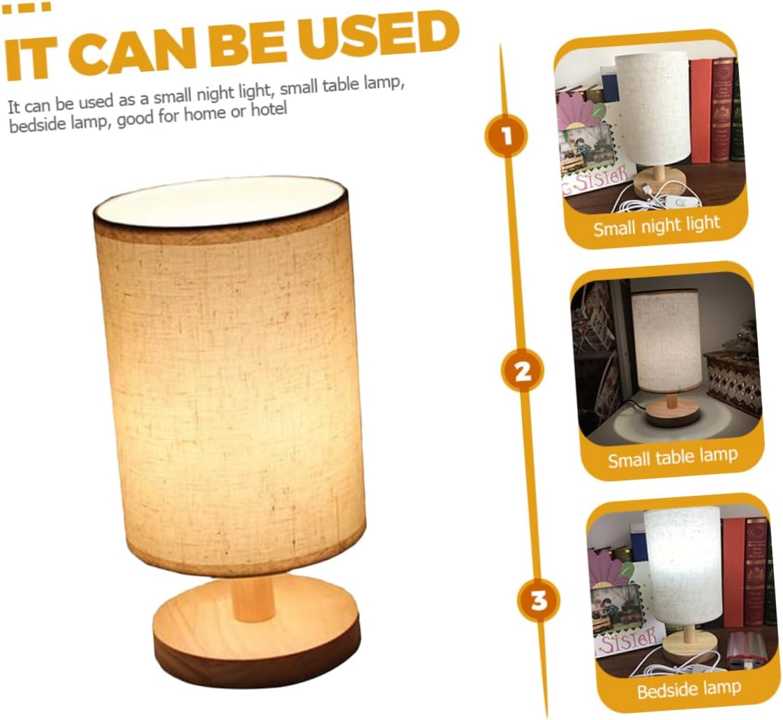 Linen Cloth Desktop Lamp with USB Wooden Base Bedside Night Light for Bedroom and Dormitory Non Flicker Table Light with Soft Comfortable Glow