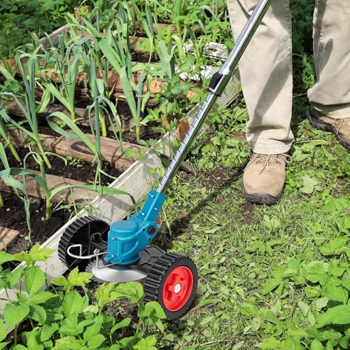 Image of Electric Wireless Rechargeable Edge Cutter 48V - 25cm Cutting Width | 2-in-1 Mower & Trimmer | Adjustable Height | 3 Blade Types | Lightweight & Portable | Lawns & Gardens (Blue)