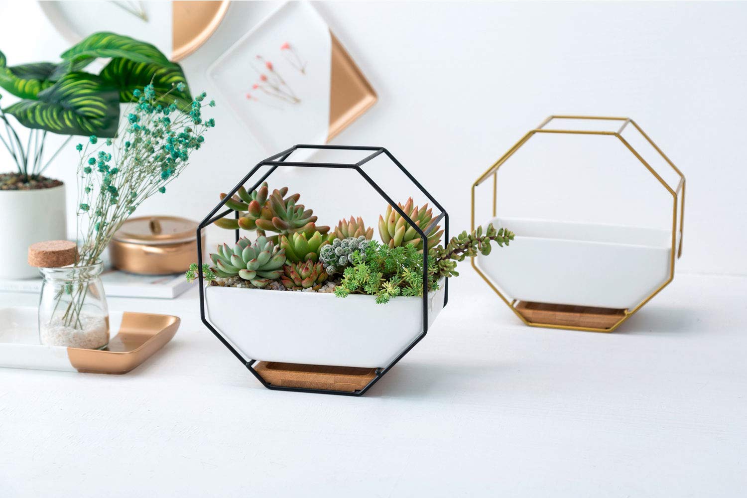 VanEnjoy 7" White Ceramic Wall Planters Vase and Copper,Drainage Hole with Bamboo Tray - Image 4