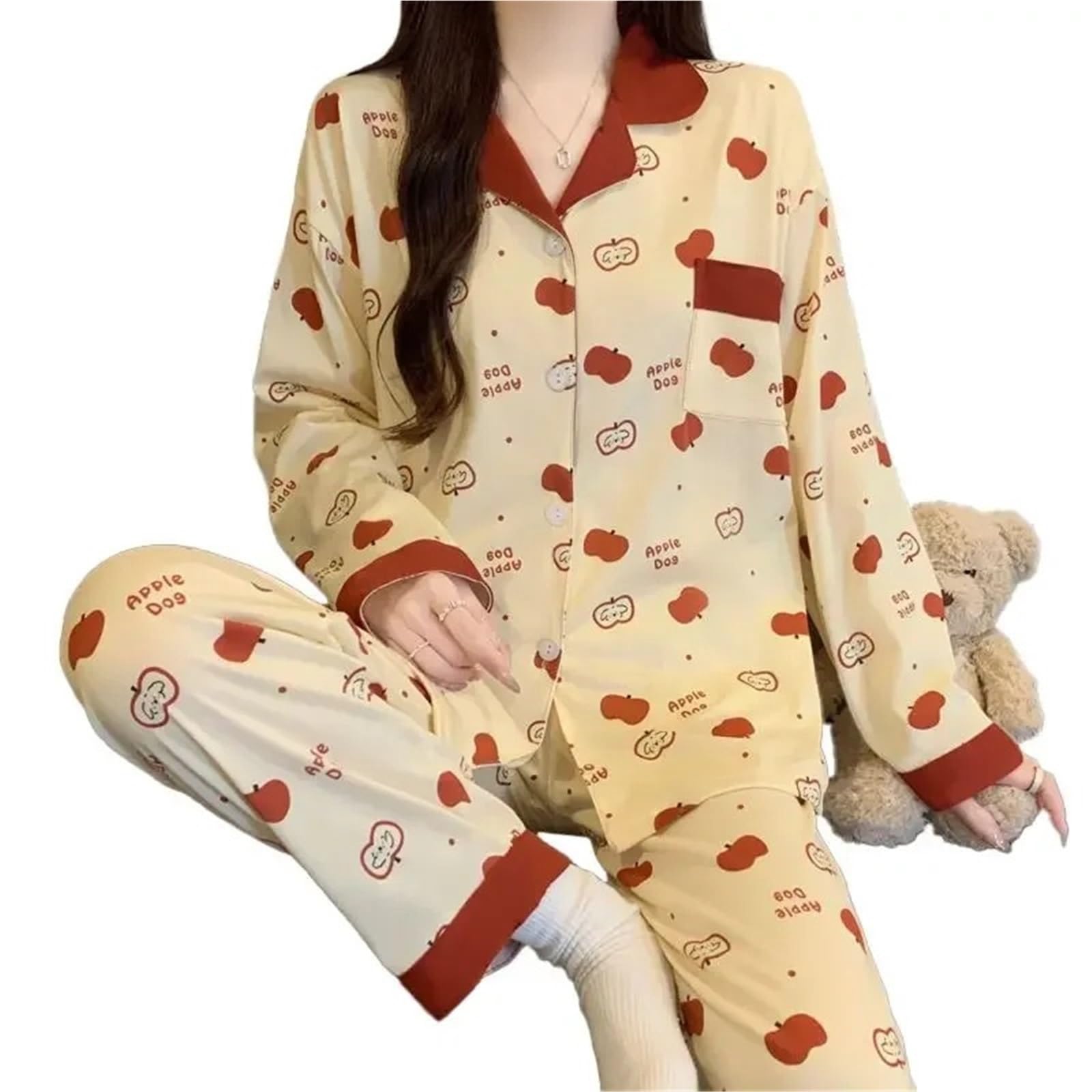 Conjunto de Pijama for Mujer con Estampado Lunares Manzana Dibujos Animados Primavera/otoño, Ropa Dormir Informal Dulce, Suave y cómoda Dos Piezas para Descanso en casa
