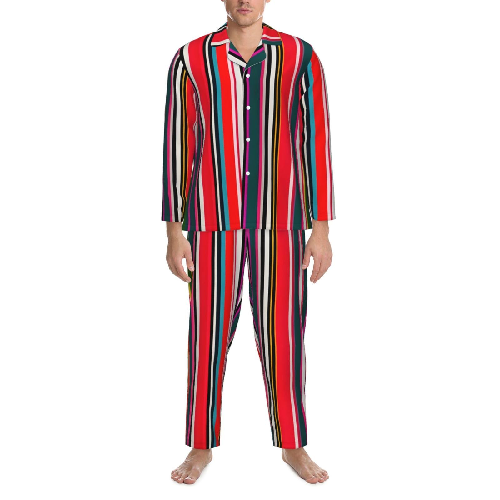 Pigiama a maniche lunghe da uomo con stampa a righe colorate Set di due pezzi traspirante accogliente Weekend Loungewear