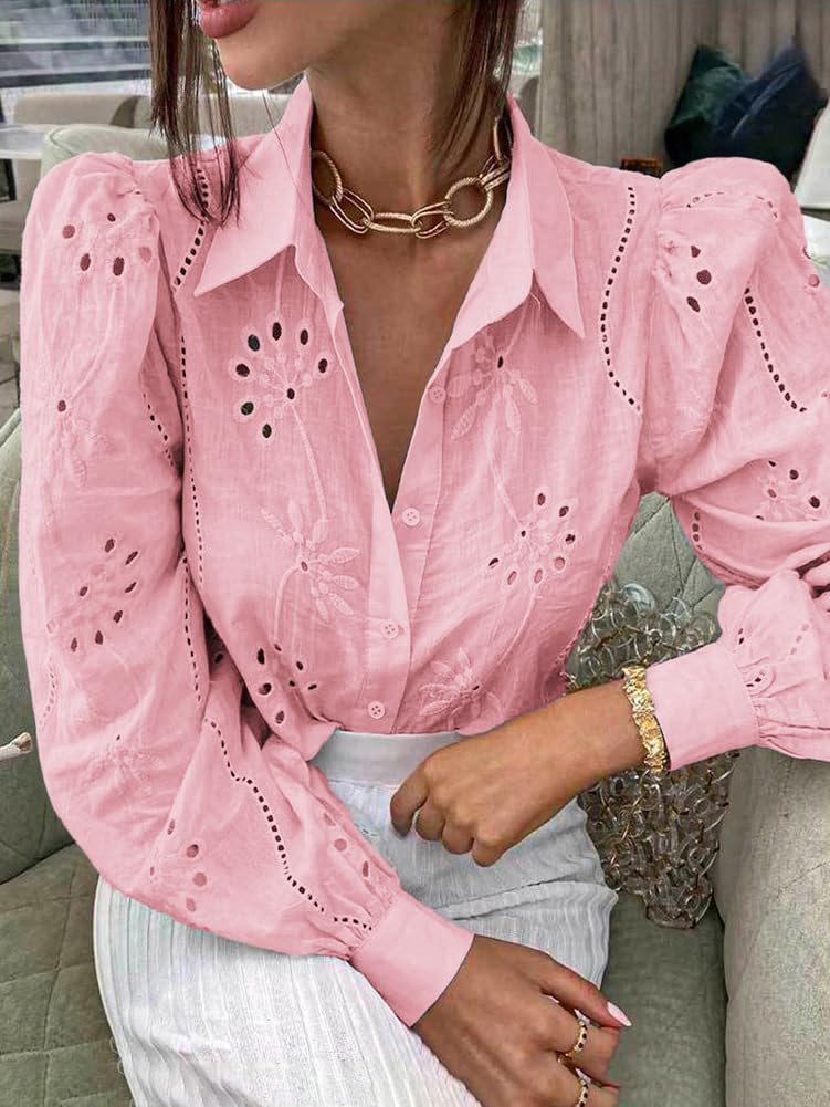 Oversize Boho Szydełkowa Bluzka dla kobiet: Koszula z długim rękawem z guzikami i haftem z oczkami, luźny krój Tunika Top, Letnia odzież na plażę