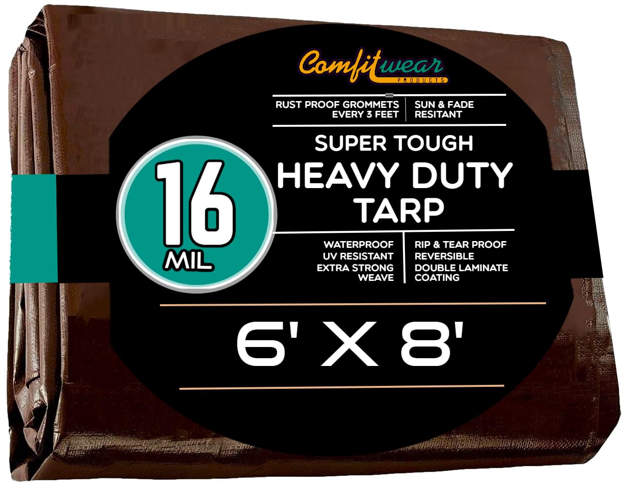COMFITWEAR 16 MIL Heavy Duty Tarp Super Heavy Duty Tarp Cover 16 MIL Multi-Purpose Extra Heavy Duty Tarps Car Tarp Boat Tarp Camping Tarp General Purpose Waterproof Tarp Cover (6' X 8', Brown)