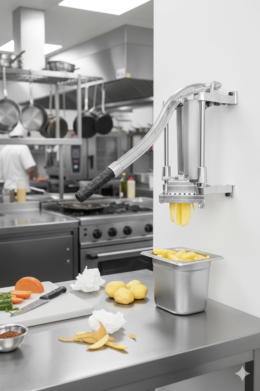 Cortador de Patatas y Verduras Manual Profesional para Hostelería, Montaje en Mesa o Pared, Cortapatatas con 4 Cuchillas Intercambiable, Aluminio Fundido – Uso Intensivo