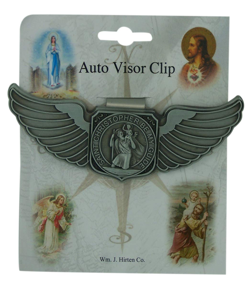 Needzo Silver Tone Saint Christopher Angel Wings Visor Clip, 3 1/4 Inch