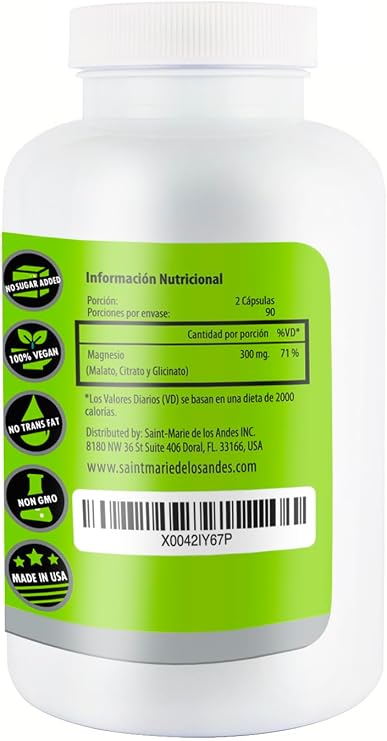 Magnesium Complex Supplement (Glycinate, Citrate & Malate) 180 Capsules (90 Day Supply) 300mg Magnesium per Serving Vegan