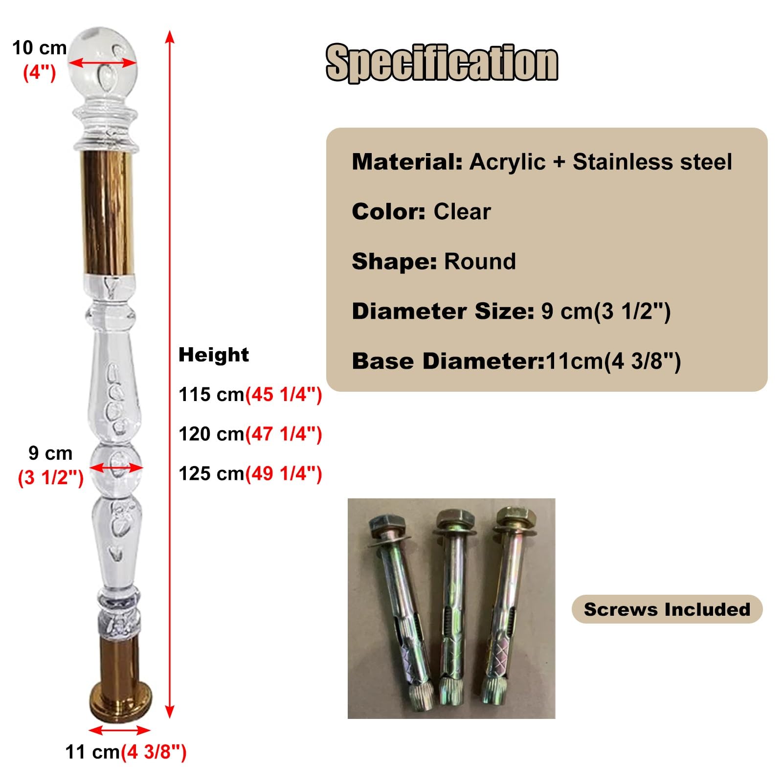 Paletto Newel in acrilico trasparente con base in acciaio inossidabile per ringhiera moderna per scale
