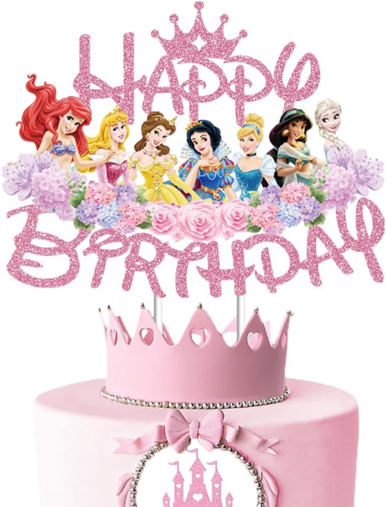 Princess Cake Topper for Girls - Pink Glitter Birthday Decoration Theme Party Supplies, 7.5" x 4.7"