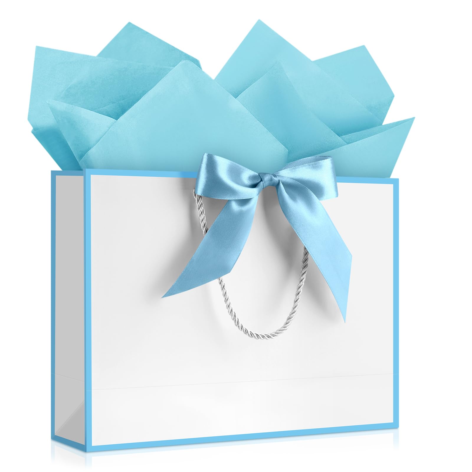 YoungTree White Gift Bag with Tissue Papers and 1 Greeting Card Ribbon, Portable Paper Gift Bag with Handles, Birthday Gift Bags,Present Bags for Wedding Party Supplies,12.6" x 9.8" x 4.3"(White-Blue) — image 1