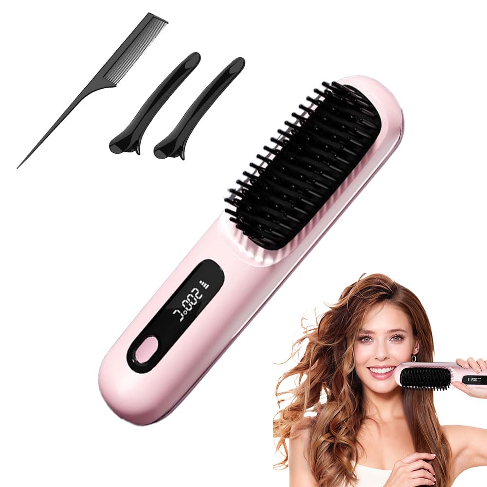 Brosse à Cheveux électrique, Brosse lissante sans fil, Rechargeable Brosse Chauffante pour Femmes et Hommes sans fil avec affichage LED - 3 Niveaux de Température - Pour lisser et Boucler (Rose)