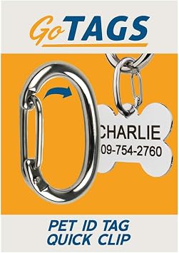 GoTags Pet ID Dog Tag Clip, Strong Durable Dog and Cat Tag Connector, Quick Clip to Pet Collars, Easy Upgrade for Split Ring, Mini Carabiner Made of Stainless Steel, Pack of 1