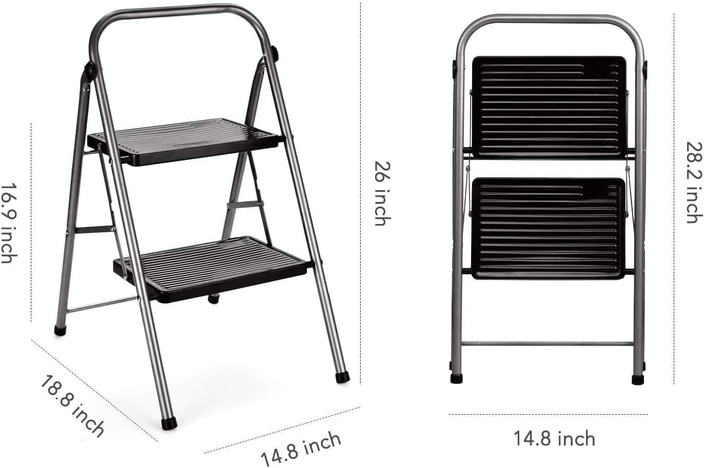 ACSTEP 2 Step Stool Folding Step Ladder with Handrails Heavy Duty Metal Ladders with Anti-Slip Pedal Small Step Ladder Foldable Ladder Collapsible Kitchen Step Stool for Adults 330 lbs Grey