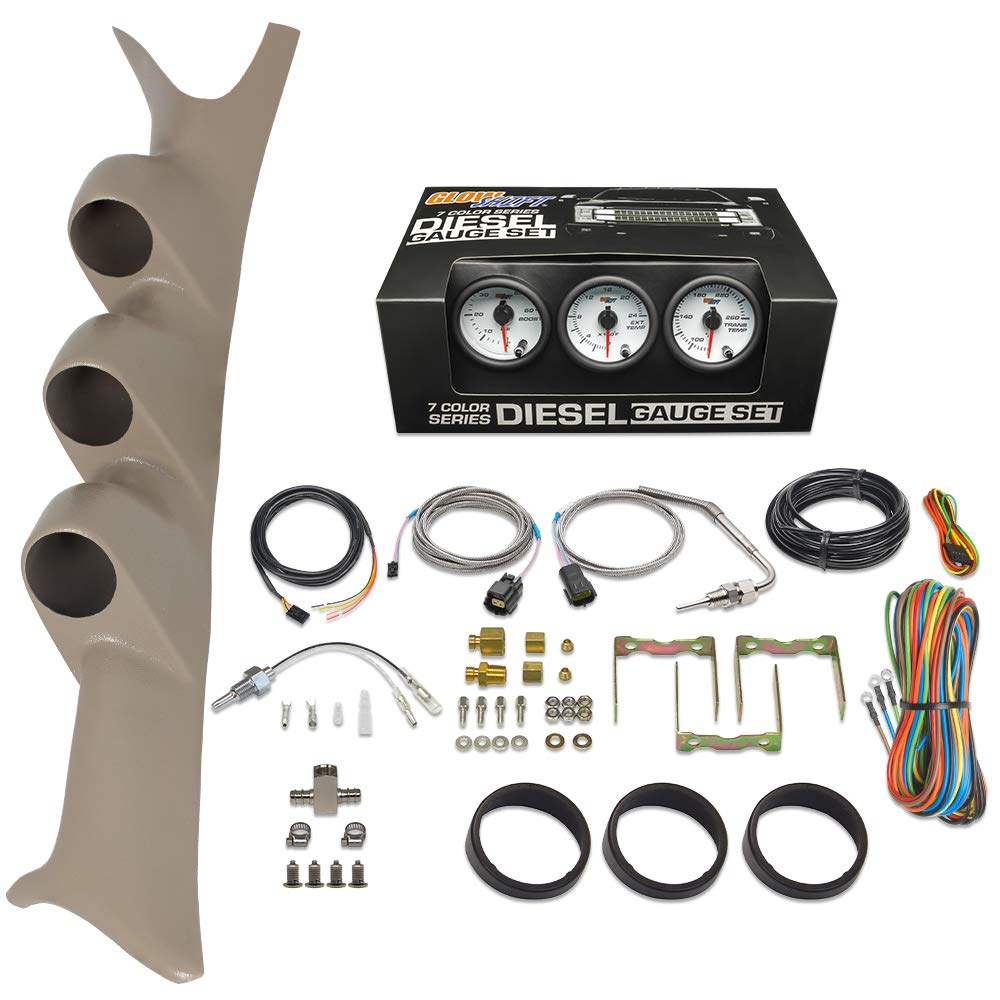 GlowShift Diesel Gauge Package Compatible with Ford Super Duty F-250 F-350 6.0L 7.3L Power Stroke 1999-2007 - White 7 Color 60 PSI Boost, 2400F EGT & Transmission Temp Gauges - Tan Triple Pillar Pod