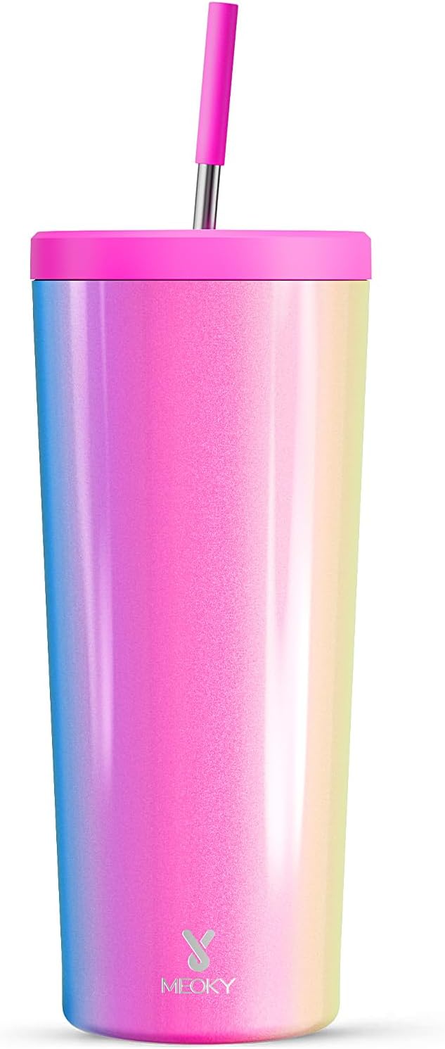 Meoky 24 oz Insulated Tumbler with Lid and Straw, Stainless Steel Vacuum Insulated Tumbler, Keeps Cold for 24 Hours, 100% Leak Proof, Fits in Car Cup Holder (Carnival)
