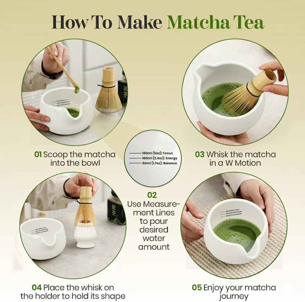 Matcha Whisk Set – Complete Matcha Kit with Ceramic Bowl (650ml / 22oz) & Measurement Lines, Bamboo Chasen, Scoop, Holder & Lid – Matcha Tea Set Gift for Beginners – White