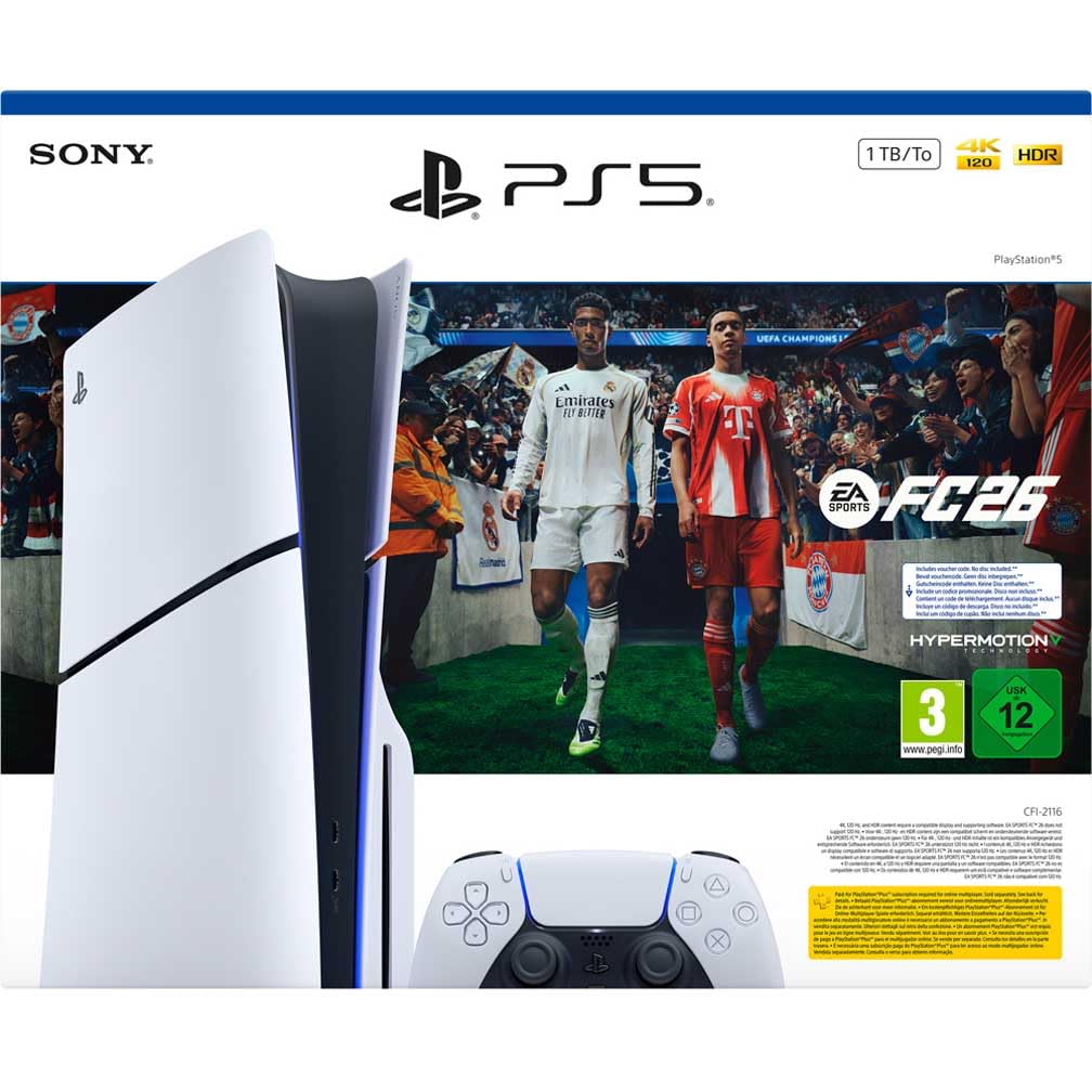 Playstation Sony, Pack Console 5 Édition Standard 1 To, Lecteur Blu-ray 4K, 1 Jeu Complet EA SPORTS FC 26 (Code), 1 Manette DualSense avec Retour Haptique et Gâchettes Adaptatives, Couleur : Blanche