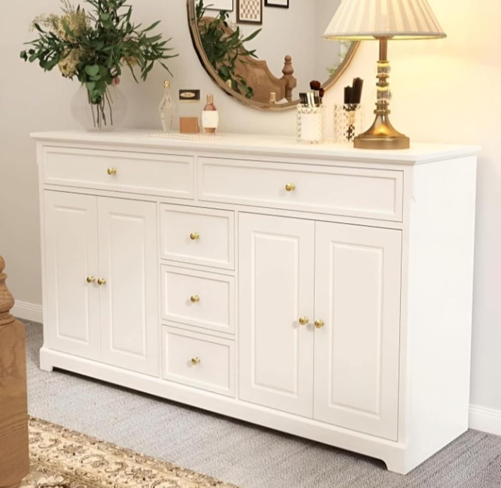 Modern White Storage Cabinet with Drawers and Doors, Wooden Sideboard Console Table for Bedroom and Living Room, Multi-Storage Organizer with Gold Knobs-image-41