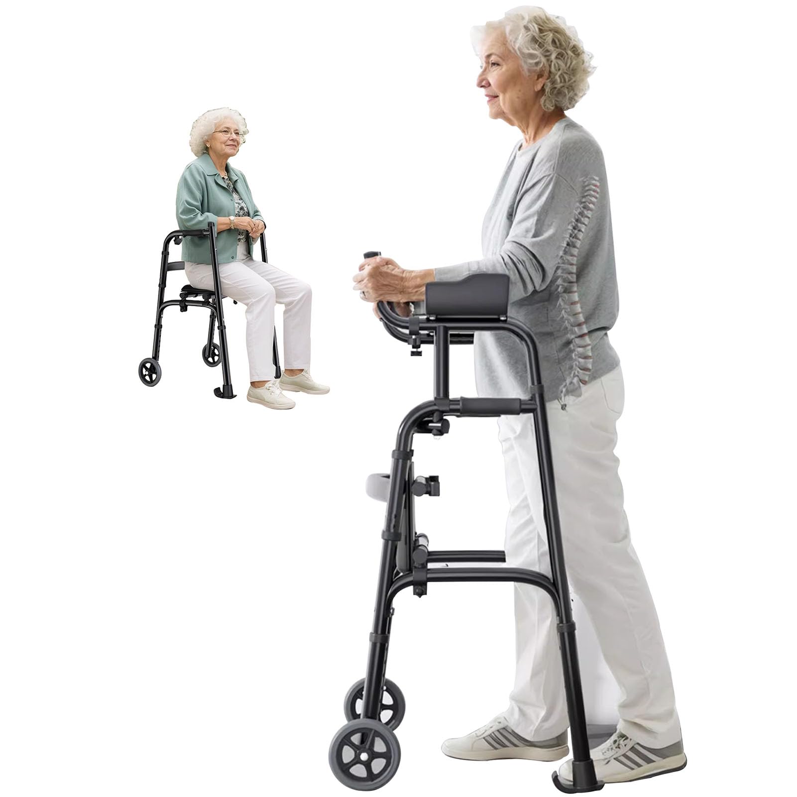 Andador Plegable estándar con Ruedas giratorias y apoyabrazos Acolchados extraíbles, Andador con Ruedas Plegable liviano de 4 Ruedas con Asiento Acolchado