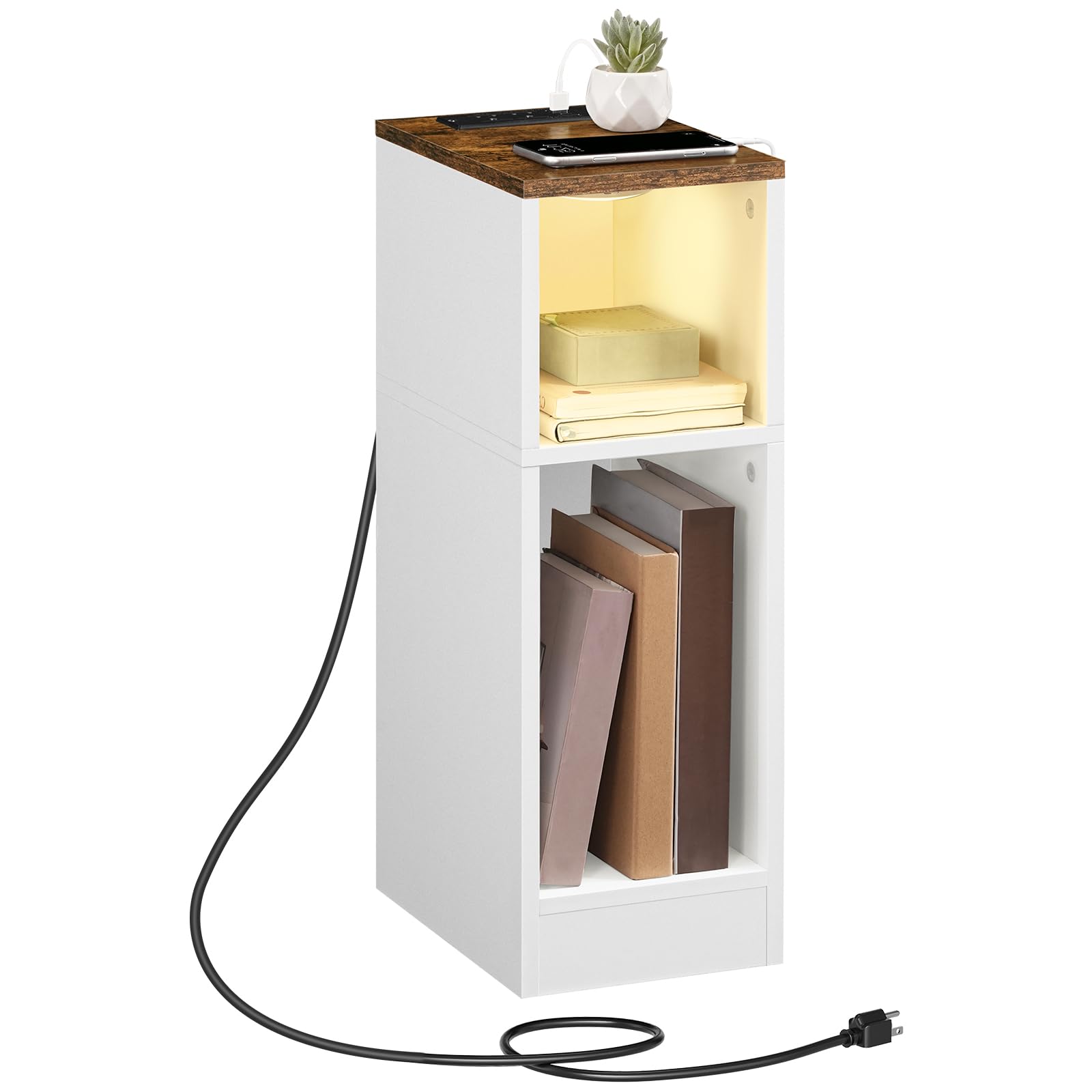 Narrow Nightstand, Slim End Table with Charging Station and LED Sensor Light, Modern Side Table, Bedside Table, for Small Spaces, Living Room, Bedroom