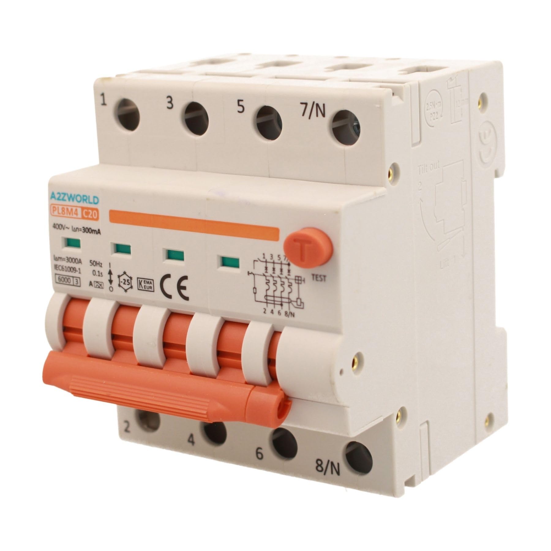 A2ZWORLD Interrupteur magnétothermique différentiel triphasé, type A 300mA, RCBO Classe A 4P C20 20A, courbe C 3P+N 6000A, occupe 4 modules DIN, AC 400V IP20