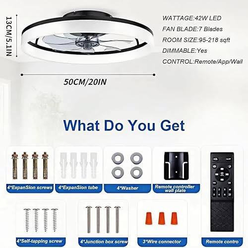 DWDVBL 50CM Modern Ceiling Fans with Lights Reversible Fans with Remote Smart Lighting Timing 6 Speeds Low Profile Ceiling Fan with Light Dimmable LED Fan Light Flush Mount for Bedroom - 7