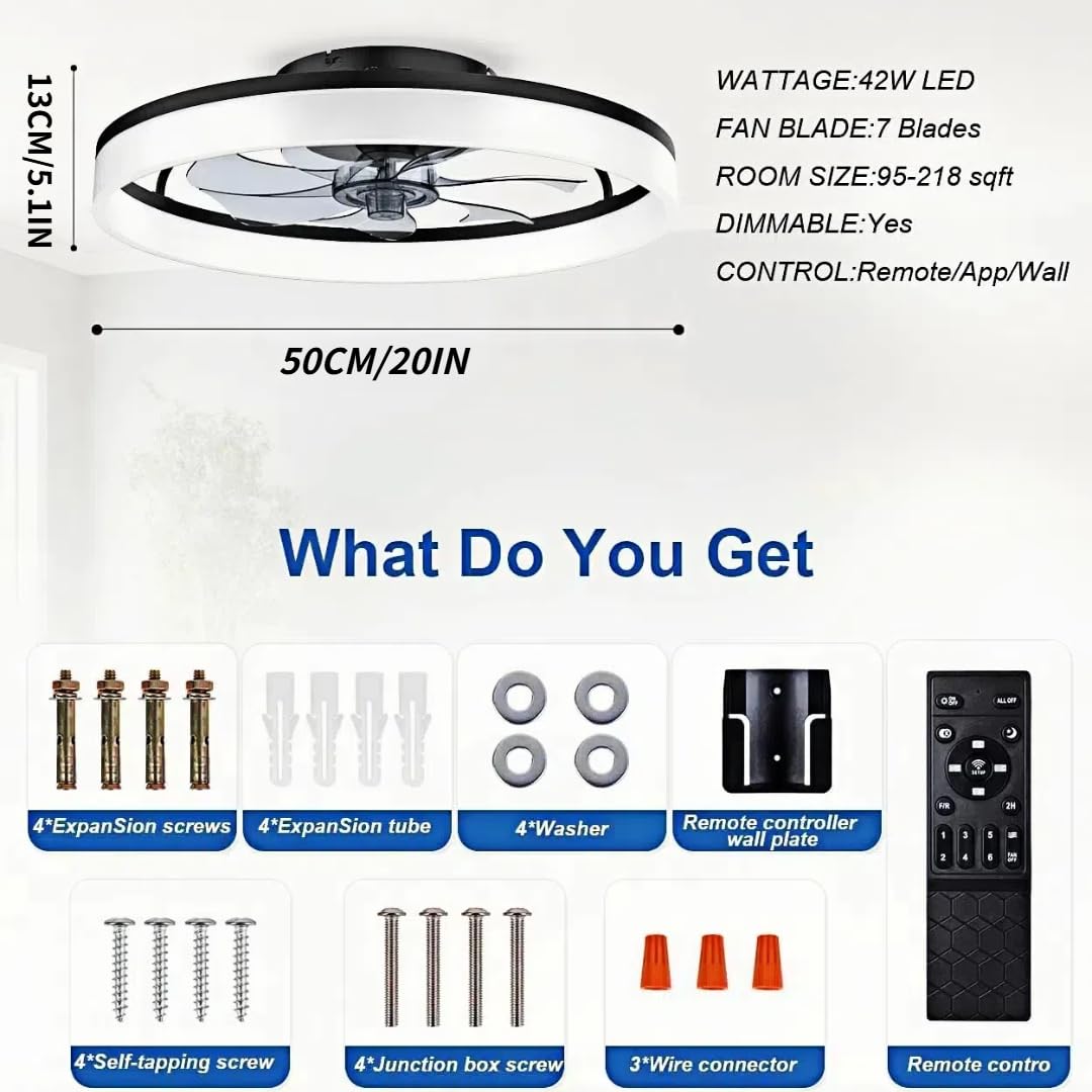 50CM Ventilatori da Soffitto con Luci e Telecomando Ventilatore da Soffitto con 7 Pale a Doppia Finitura Motore DC Reversibile Silenzioso a 6 Velocità per Camera da Letto Soggiorno Studio