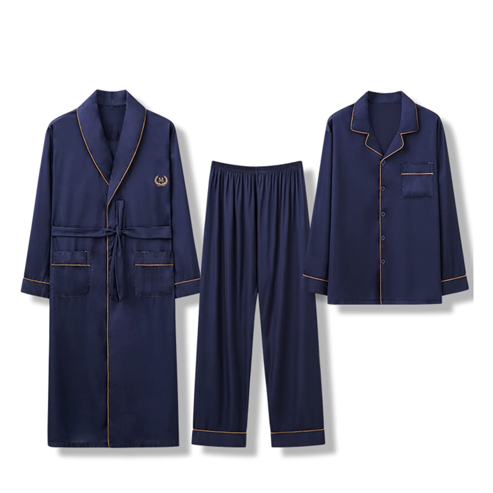 GHYUBYER Herren Satin Pyjama Lang 3 Stück Herren Satin Pyjama Set Seide Button-Down PJs Sets Soft Lounge Sets Klassische Seiden Schlafanzüge (Color : Dark Blue, Size : XL)