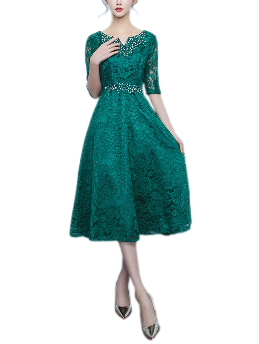 LANG CAI NV MAOGreen Short Small V Neck Host Evening Dress