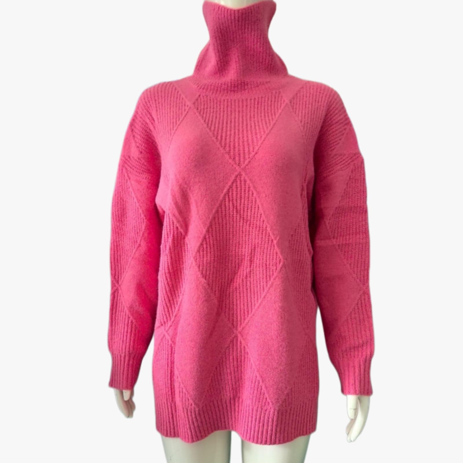 Maglione da donna oversize a collo alto in maglia a diamante | Maglione lavorato a maglia a coste geometriche del collo alto, cima di base calda di base di strato di lavoro