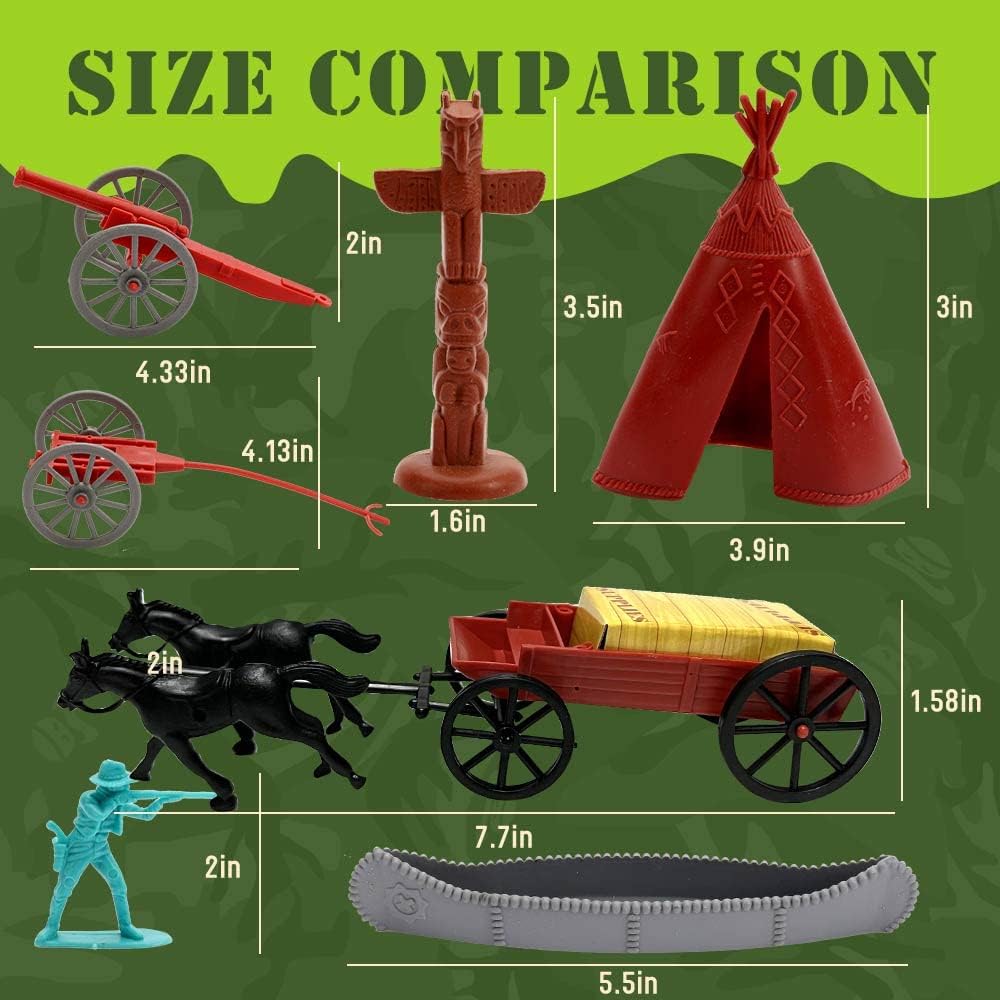 ViiKONDO Army Men Toy Cowboys and Indians 45pcs Playset Wild West Expedition Plastic Soldier Figure with Carriage Cannon Tent Map Accessories Fun Wargame Gift for Kids