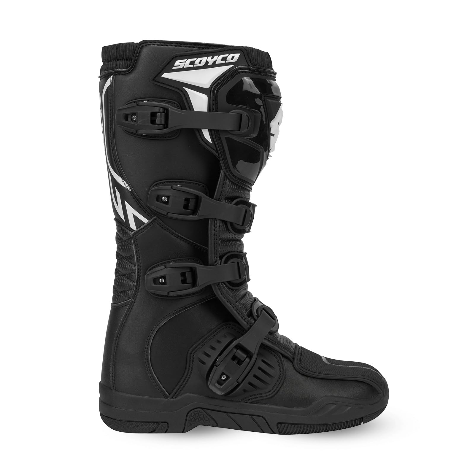 Scoyco Motocross Stiefel Herren CE-Stufe 1 TPU-Schienbein-und Knöchelschutz | Schockbeständigkeit, Knöchelstütze, Mikrofaserleder, Rutschfeste Sohle, 4 Verstellbare-Schnallen, Enduro, MX, Schwarz