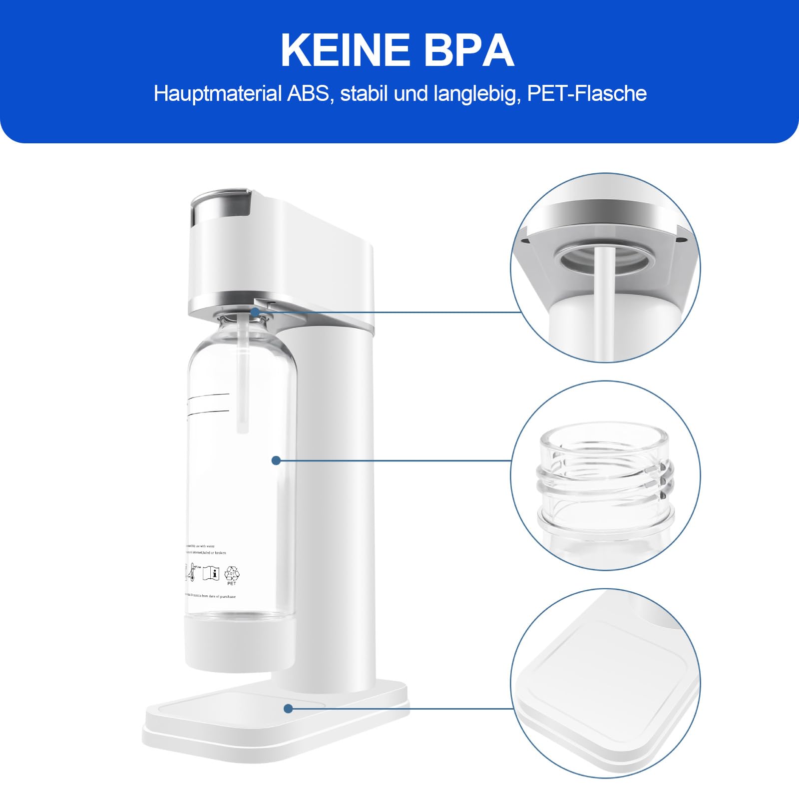 Wassersprudler Sodamaschine mit 1 Liter Flasche Höhe 40,5 cm Weiss | Stylisch und platzsparend,