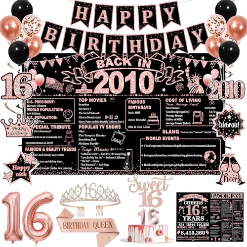 Sweet 16 Party Decorations for Girls Black Rose Gold 16th Birthday Decorations Set with Back in 2010 Backdrop Tiara Sash Banner Balloons Cake Topper & Candles