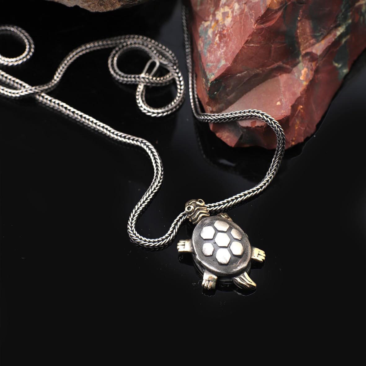 Collana Turtle - Ciondolo da motociclista in argento lucido con catena d'argento, collana da uomo + panno per la pulizia dell'argento in regalo (45 cm)
