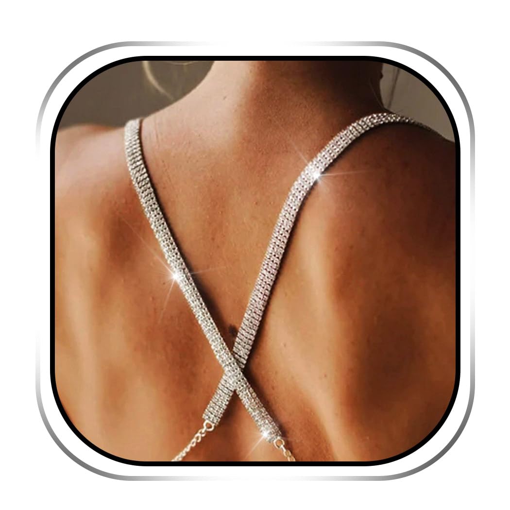 Sparkly Crystal Bra Straps - Triple Rows Silver Nightclub Prom Body Accessories Jewelry for Bra Tops Dress (2 Pcs)