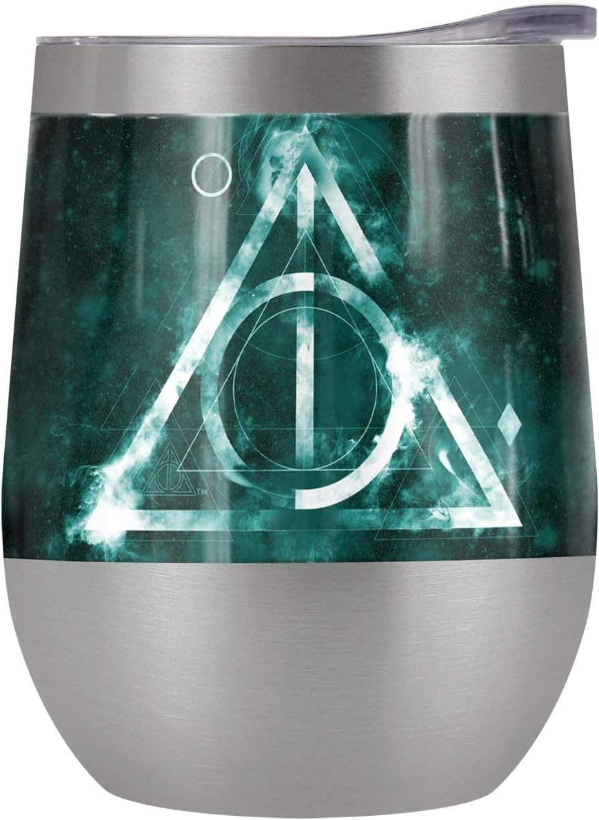 Harry Potter OFFICIAL Deathly Hallows Logo 12 oz Stemless Tumbler, Stainless Steel Travel Cup|Lake Tumbler|Insulated with Leak Resistant Slide-Lock Lid, Stainless Steel