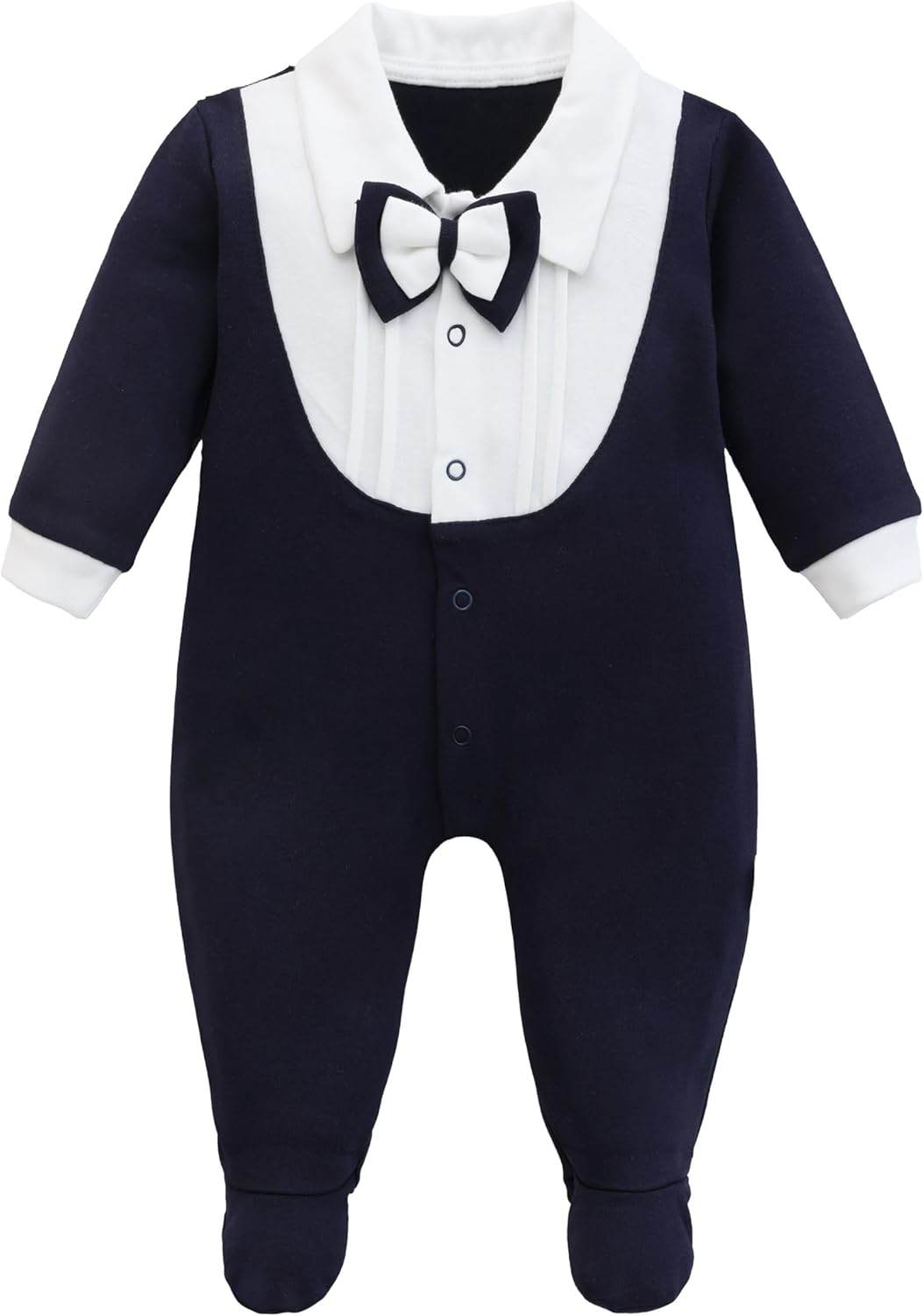 Lilax Baby Boy Gentleman Tuxedo Footie, Christmas Holiday Outfit with Bow Tie, Formal Wedding Long Sleeve Rompers